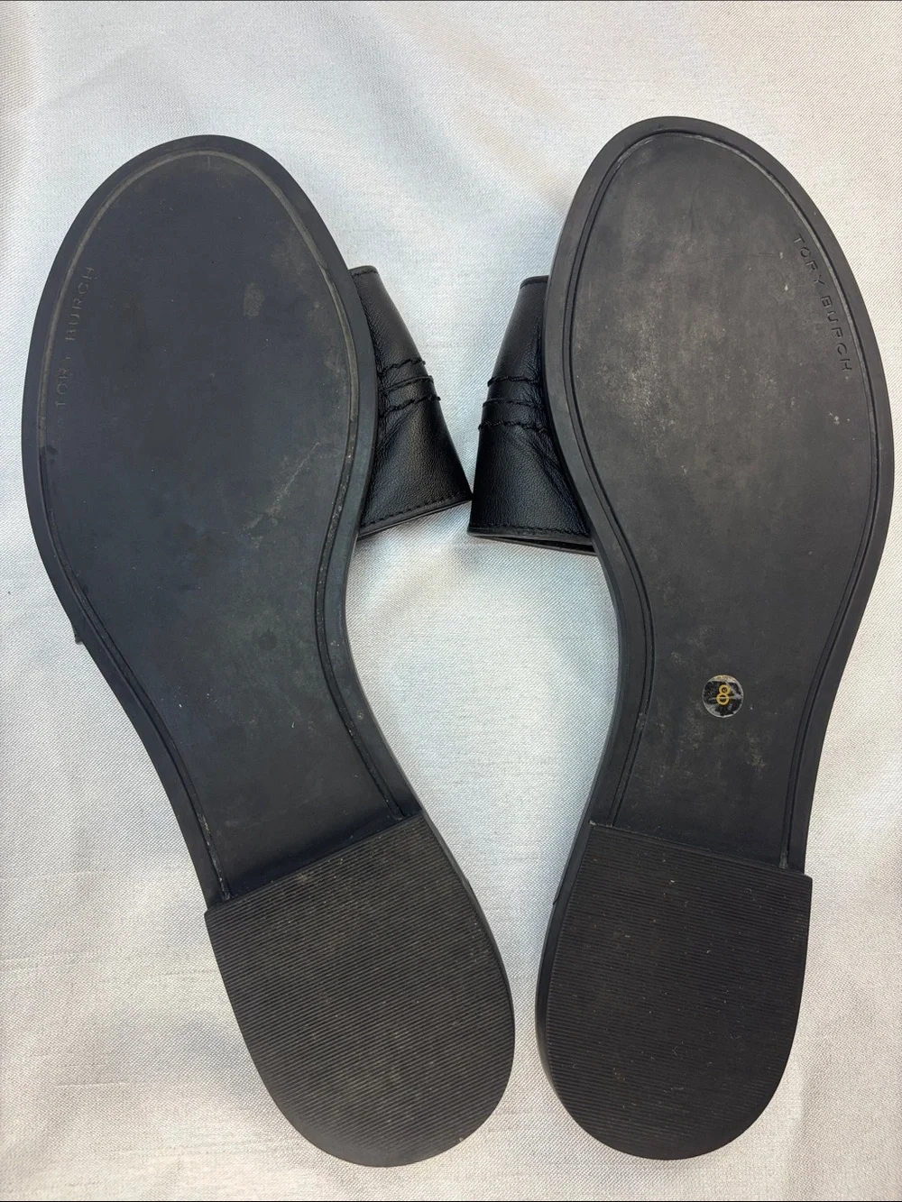 Tory Burch Black Leather Slides with Gold Double-T Emblem